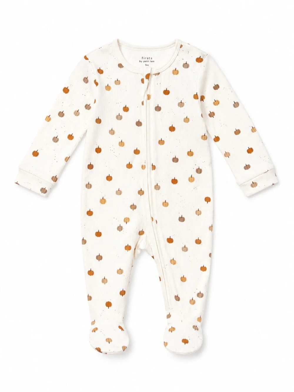 New - Firsts by Petit Lem Cream Pumpkin-Print Footed Onesie